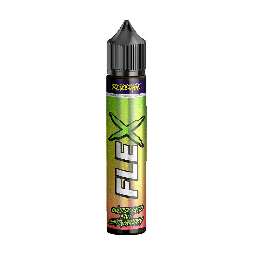 revoltage-flex-longfill-aroma-kiwi-strawberry-7ml Revoltage Flex Longfill Aroma Flasche mit grün-gelbem Etikett, Markenname und "Overdosed Kiwi Strawberry" Schriftzug, schwarze Kappe