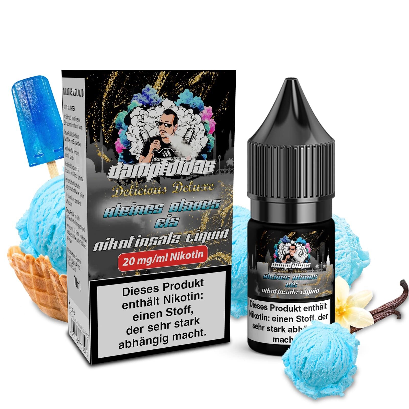 Liquid Kleines Blaues Eis 20mg - Dampfdidas Dampfdidas Nikotinsalz Kleines Blaues Eis 20mg Flasche, Verpackung mit Warnhinweis, blaue Eiskugeln, Waffel, Vanilleblüte und Eis am Stiel.