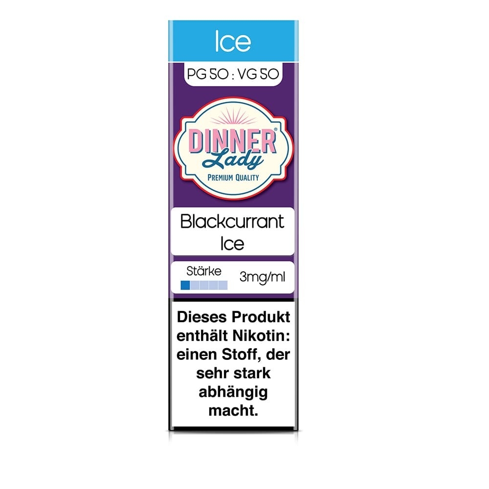 Dinner Lady Liquid Blackcurrant Ice 3mg Verpackung mit Nikotinwarnhinweis, PG/VG-Verhältnis und Angabe der Nicotinstärke.