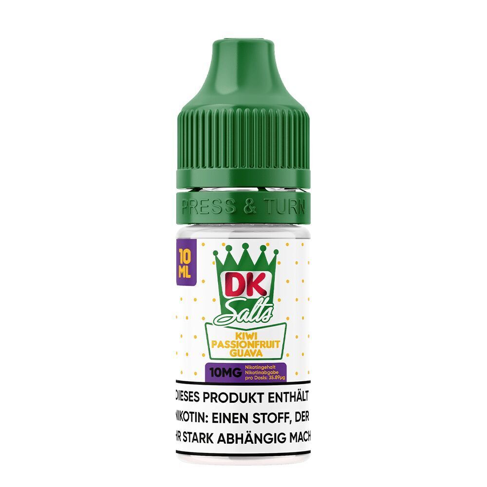 Liquid Kiwi Passionsfruit Guava 10mg - DK Salts Grüne Flasche DK Salts Nikotinsalz mit Kiwi-Passionsfrucht-Guave-Geschmack, 10mg Nikotin, 10ml Inhalt, Hinweis auf Nikotinabhängigkeit.