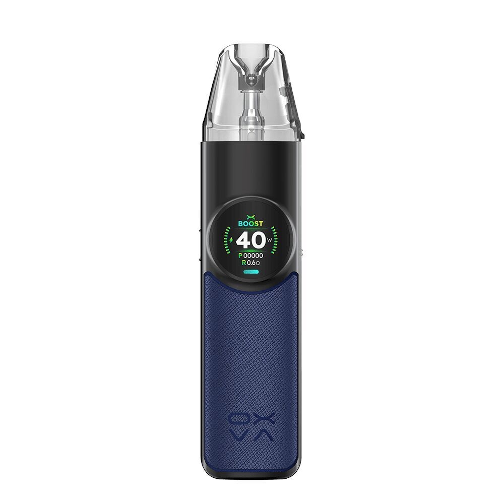 Oxva NeXLIM Pod Kit in Dunkelblau mit Bildschirm zeigt "Boost" und "40", Texturgriff und Podsystem deutlich sichtbar