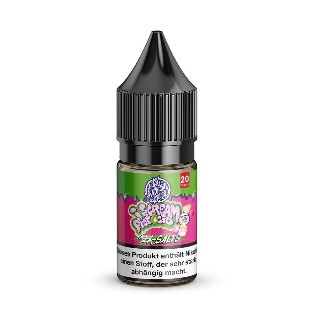 Eine Flasche E-Liquid "I Scream Pistachio 20mg" von 187 Strassenbande mit schwarzem Deckel und Warnhinweis auf der Vorderseite.