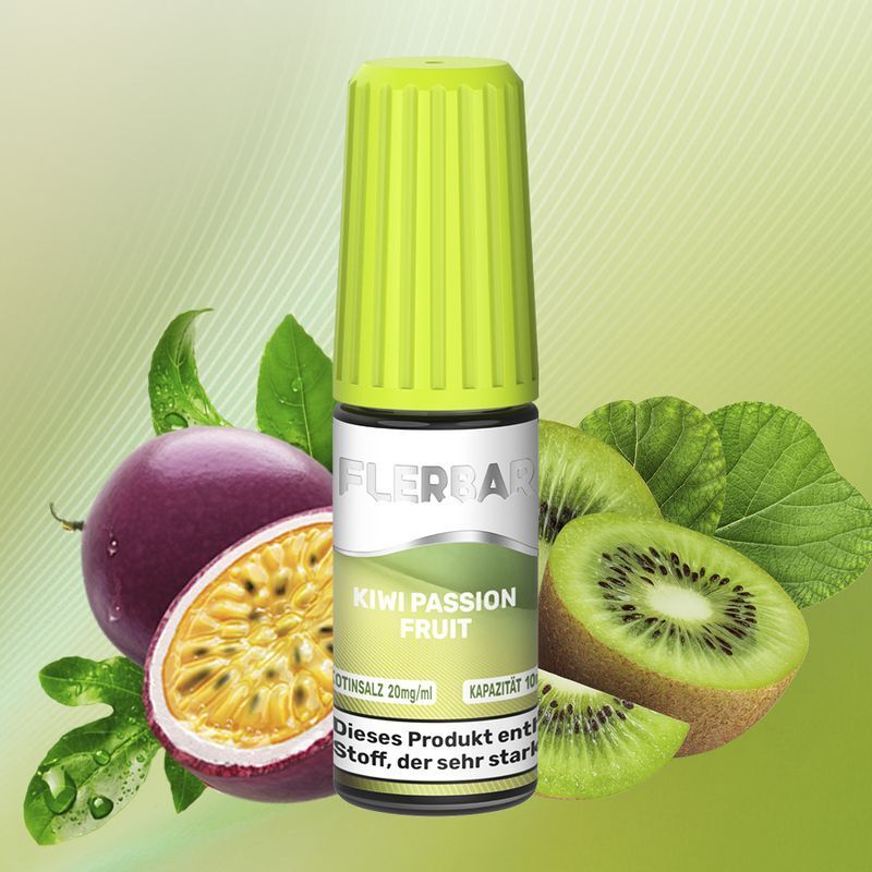 Liquid Kiwi Passionfruit von Flerbar Flasche Flerbar Nikotinsalz Kiwi Passionfruit 20mg vor Kiwi- und Passionsfrucht mit grünem Etikett und gelber Kappe