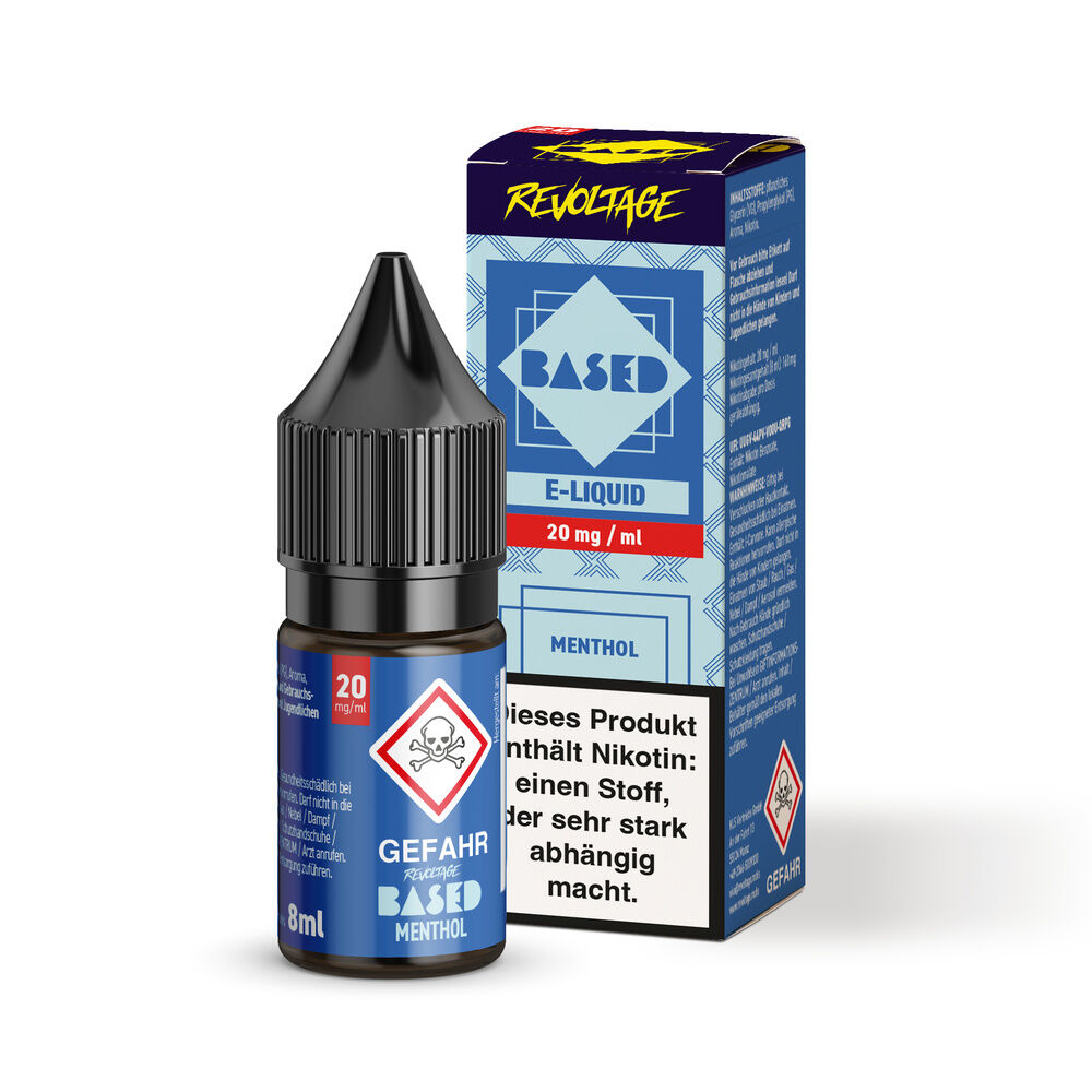 E-Liquid-Behälter und Schachtel mit Revoltage Based Hybrid Liquid Menthol, 20 mg/ml, Totenkopf-Warnsymbol und Nikotinwarnung