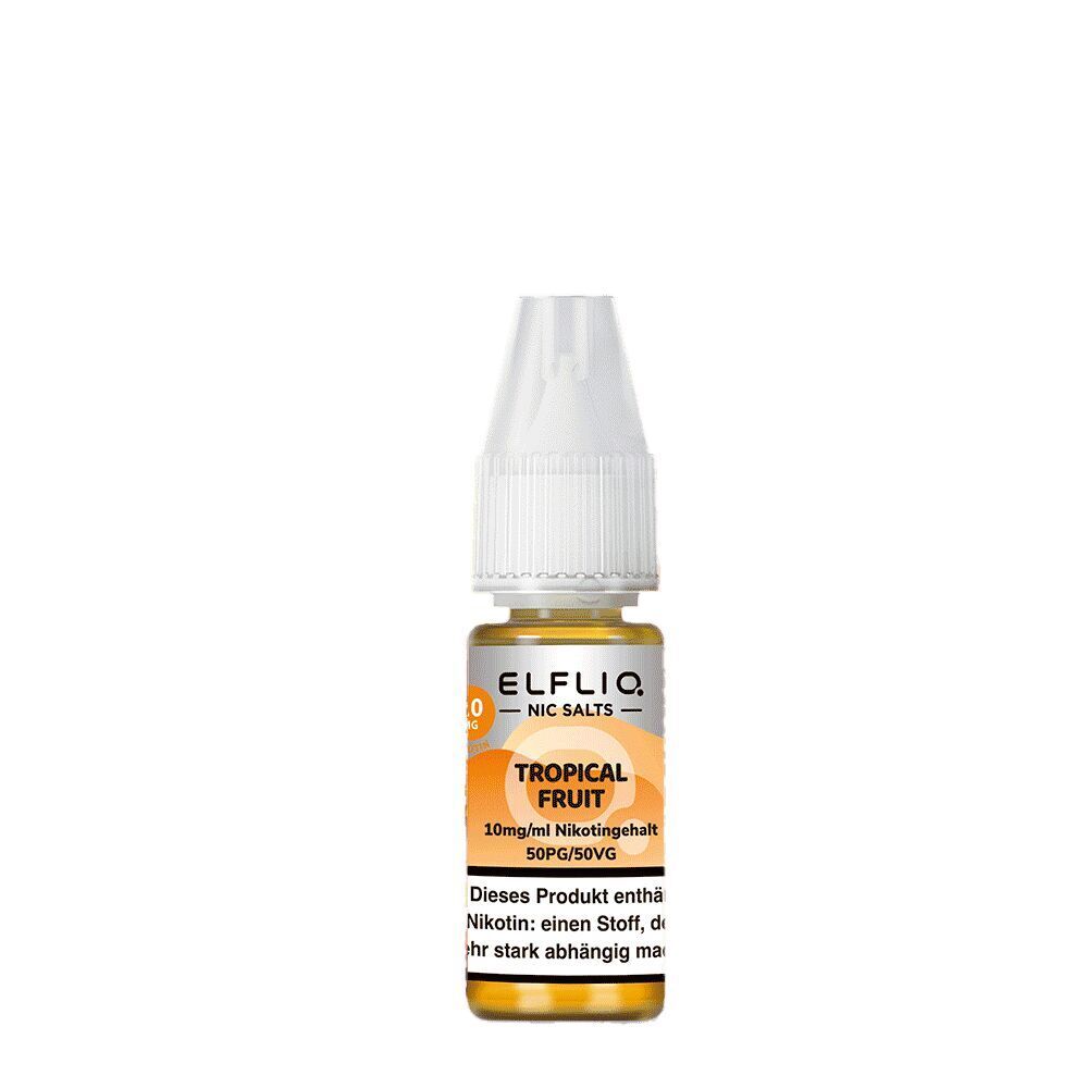 Elfliq Nikotinsalz - Tropical Fruit 10mg Elfliq Nikotinsalz Tropical Fruit 10mg Flasche mit weißem Verschluss und orangefarbenem Etikett mit Produktinformationen und Warnhinweis.