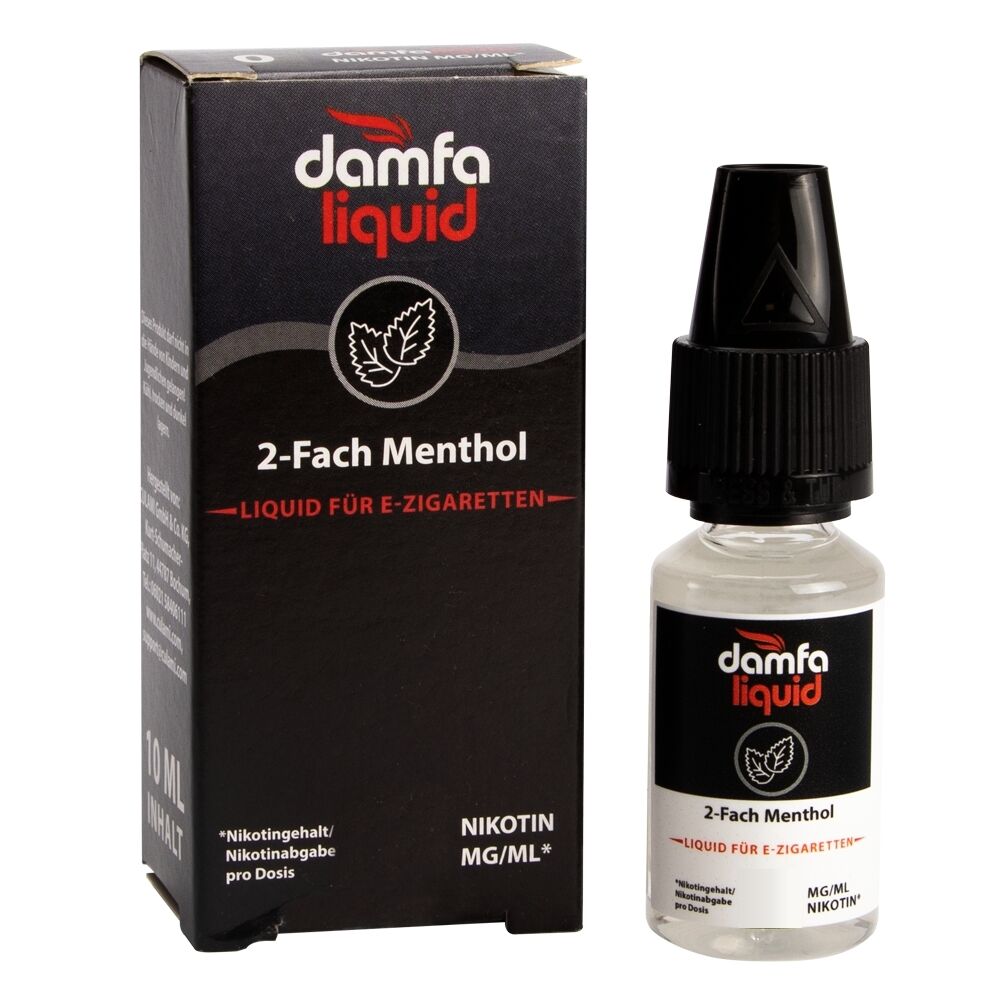 Liquid 2-Fach Menthol 12mg - Damfaliquid Damfaliquid 2Fach Menthol E-Zigaretten-Liquidflasche neben Verpackung mit Logo, 10 ml Inhalt, schwarzer Verschluss, Nikotingehalt markiert