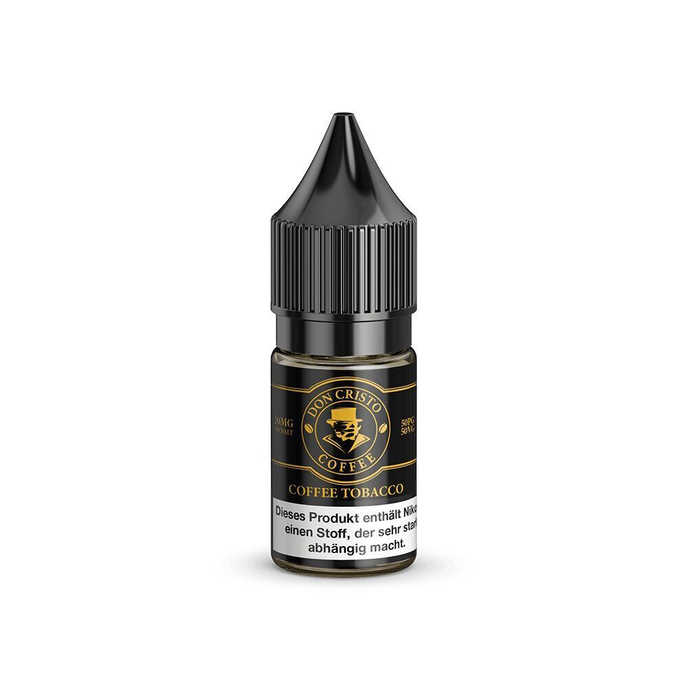 Liquid Coffee 20mg - Don Cristo Flasche Don Cristo Nikotinsalz Coffee Tobacco 20mg mit schwarzem Verschluss und goldener Aufschrift, Hinweis auf Nikotininhalt.