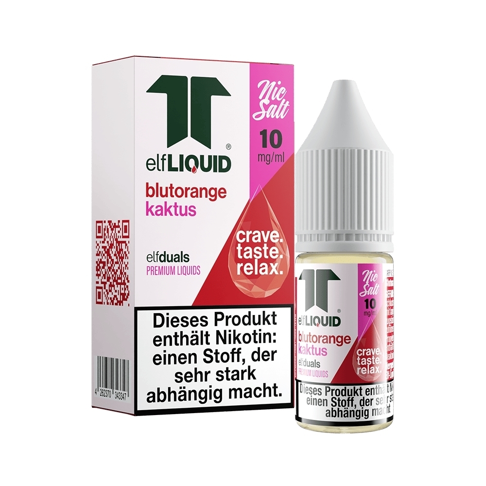 Elf Liquid Flasche und Verpackung für Nikotinsalz Blutorange Kaktus 10mg mit Warnhinweis und Slogan crave. taste. relax. sichtbar