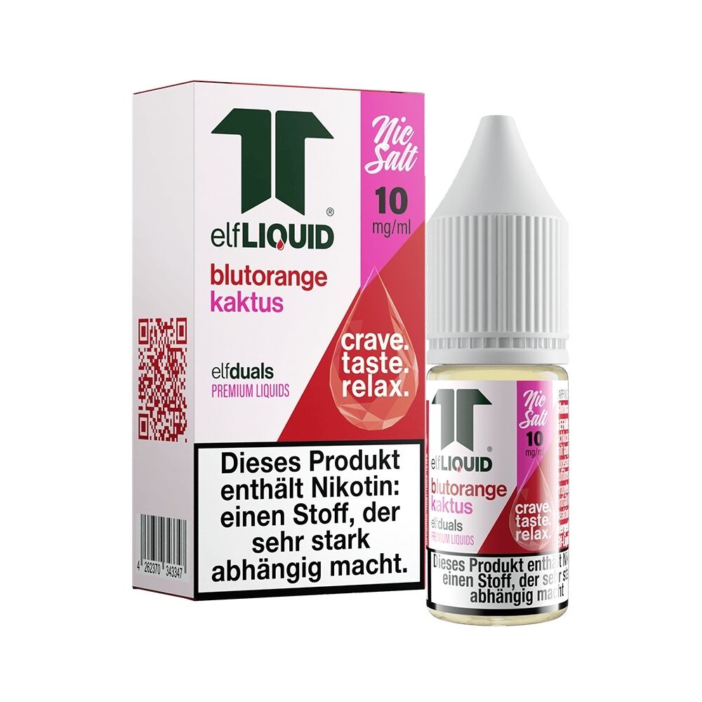 Elf Liquid Nikotinsalz - Blutorange Kaktus 10mg Elf Liquid Flasche und Verpackung für Nikotinsalz Blutorange Kaktus 10mg mit Warnhinweis und Slogan crave. taste. relax. sichtbar