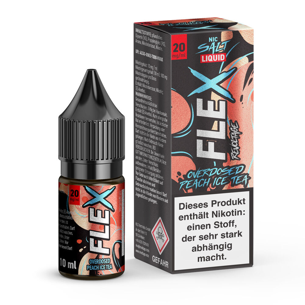 Revoltage Flex Nikotinsalz - Peach Ice Tea Flasche und Schachtel von Revoltage Flex Nikotinsalz - Peach Ice Tea mit Warnhinweis "Dieses Produkt enthält Nikotin" in 20 mg/ml.