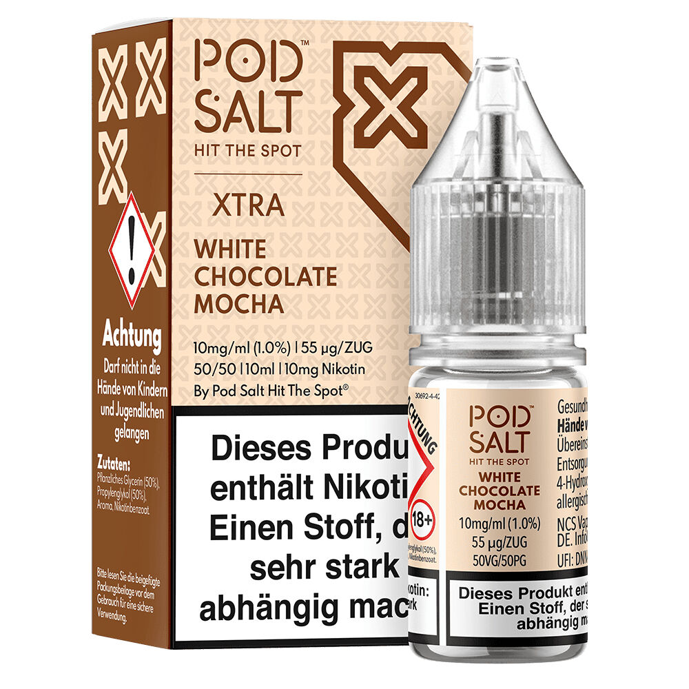 Pod Salt Xtra Nikotinsalz - White Chocolate Mocha Pod Salt Xtra Nikotinsalz White Chocolate Mocha Flasche und Verpackung mit Warnhinweisen und Inhaltsstoffen sichtbar