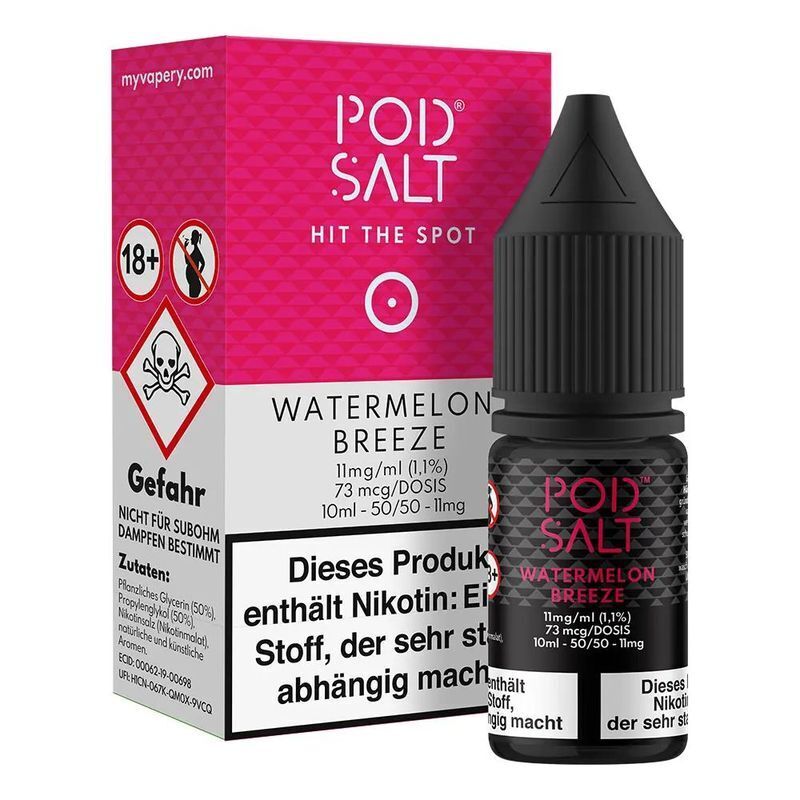 Liquid Watermelon Breeze von Pod Salt Core Pod Salt Core Nikotinsalz Watermelon Breeze 11mg mit pinker Verpackung, Warnhinweisen und einer schwarzen Flasche mit Tropfverschluss