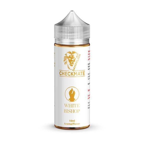 Aroma White Bishop von Dampflion Checkmate Flasche mit transparentem Deckel, Etikett zeigt Löwenemblem und Text „Dampflion Checkmate“, „White Bishop“, 10ml Aroma.