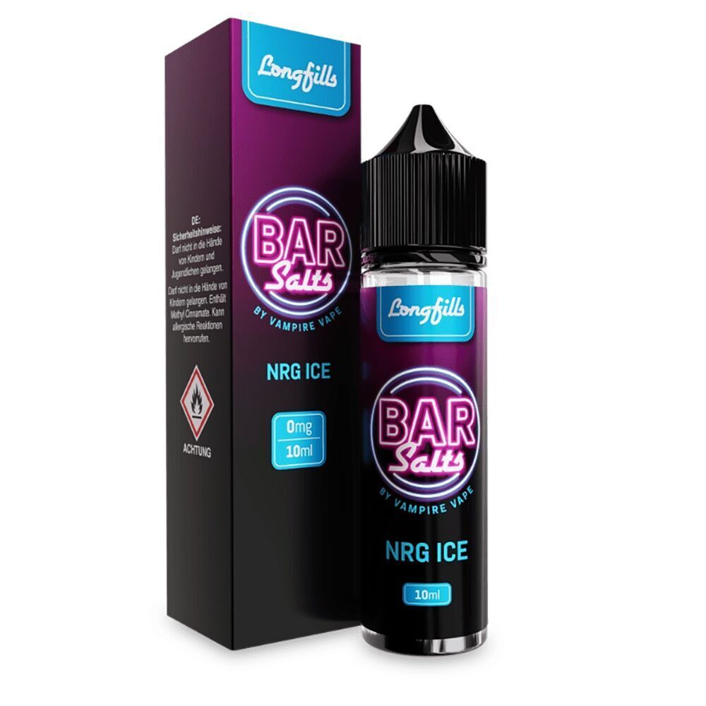 Aroma Bar Salts NRG Ice von Vampire Vape Vampire Vape Aroma Bar Salts NRG Ice mit Verpackung, violette Flasche, Neon-Schriftzug, Sicherheitswarnhinweis sichtbar.