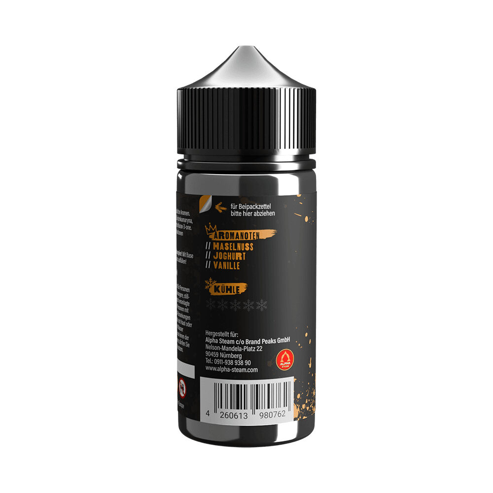 Flasche von Tony Vapes Aroma Hazelnut Cream mit schwarzem Etikett, listet Aromastoffe Haselnuss, Joghurt, Vanille und Herstelleradresse in Nürnberg auf.