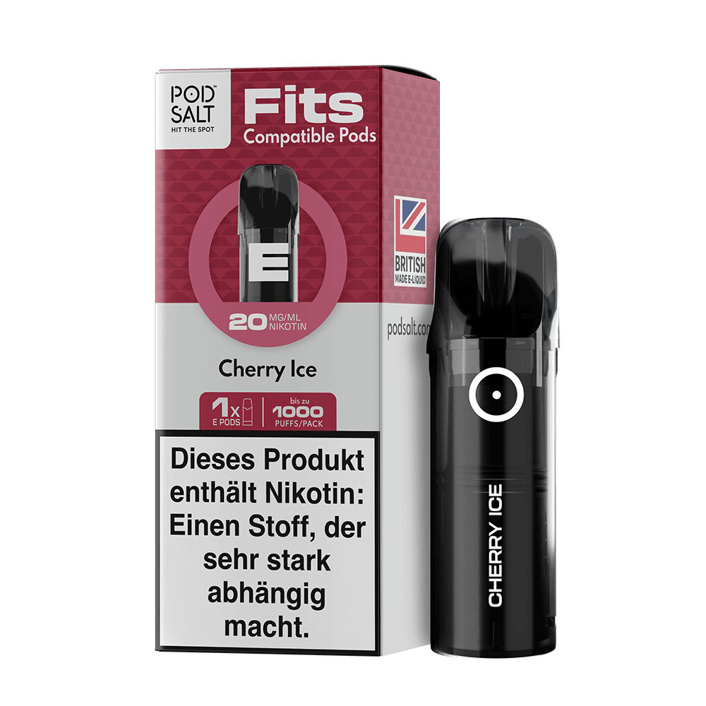 Pod Salt Fits Pods - Cherry Ice 20mg Pod Salt Fits Cherry Ice 20mg E-Pod-Packung mit schwarzem Pod, Markenlogo und Warnhinweis auf stark suchterzeugendes Nikotin.