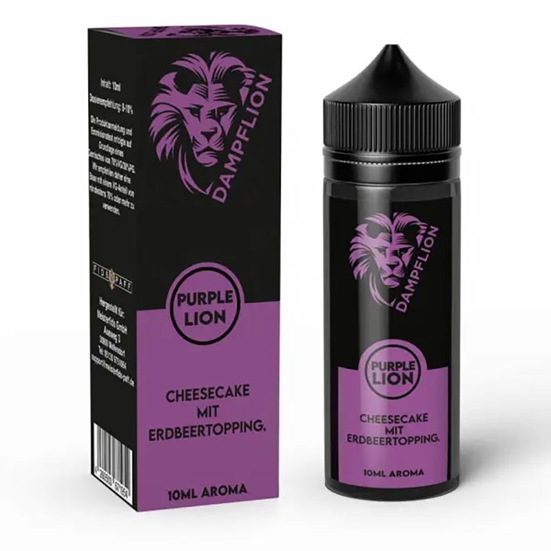 Aroma Purple Lion von Dampflion Original Dampflion Original Aroma - Purple Lion, Cheesecake mit Erdbeertopping, 10ml Flasche und Verpackung mit violettem Design und Löwenlogo.