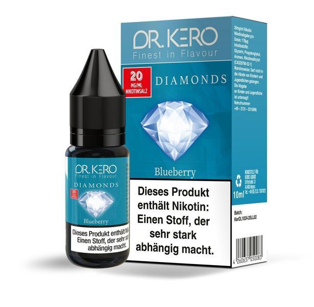 Liquid Blueberry von Dr. Kero Diamonds v2 Dr. Kero Diamonds v2 Nikotinsalz Blueberry 20mg Flasche und Verpackung mit Diamant-Design, Warnhinweis auf Nikotinabhängigkeit.