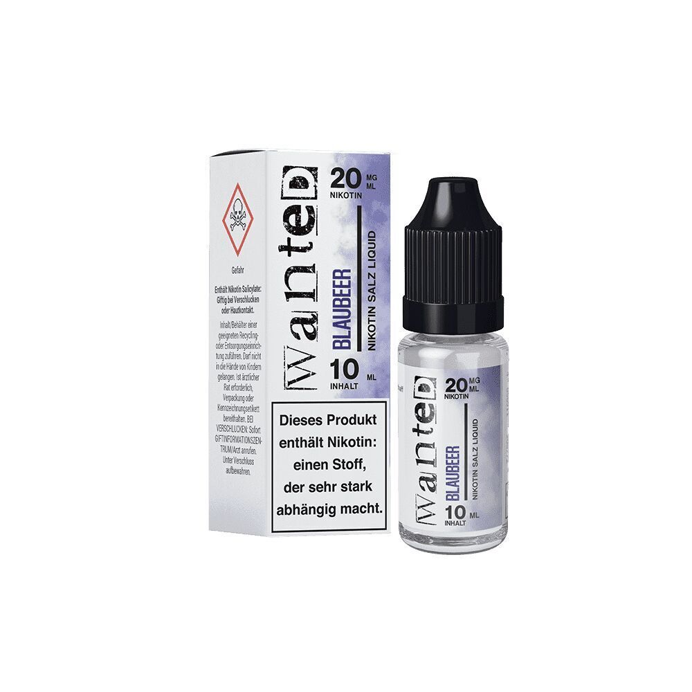 Liquid Blaubeer von Wanted Wanted Blaubeer Nikotinsalz-Flasche mit 10 ml Inhalt, 20 mg/ml Nikotin, neben entsprechender Verpackung mit Warnhinweis.