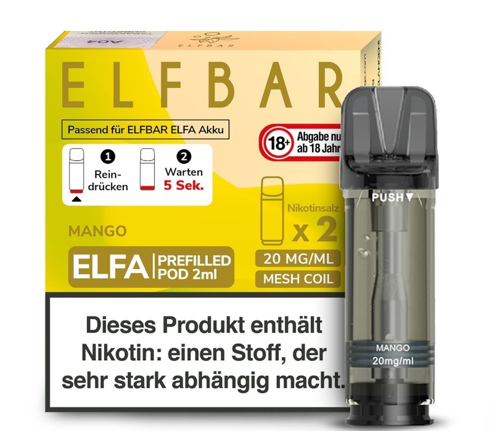Mango Elfa Pods von Elfbar 20mg Elfbar ELFA Pods Mango 20mg Verpackung mit Nikotinsalz-Info, Mesh Coil Hinweis und Health Warning Text.