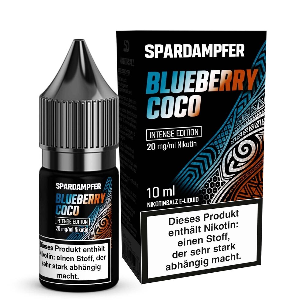 Spardampfer-Nikotinsalz-Blueberry-Coco-20mg.jpg Spardampfer Blueberry Coco Nikotinsalz E-Liquid Flasche und Verpackung, 10 ml, 20 mg Nikotin, Warnhinweis auf Abhängigkeit sichtbar
