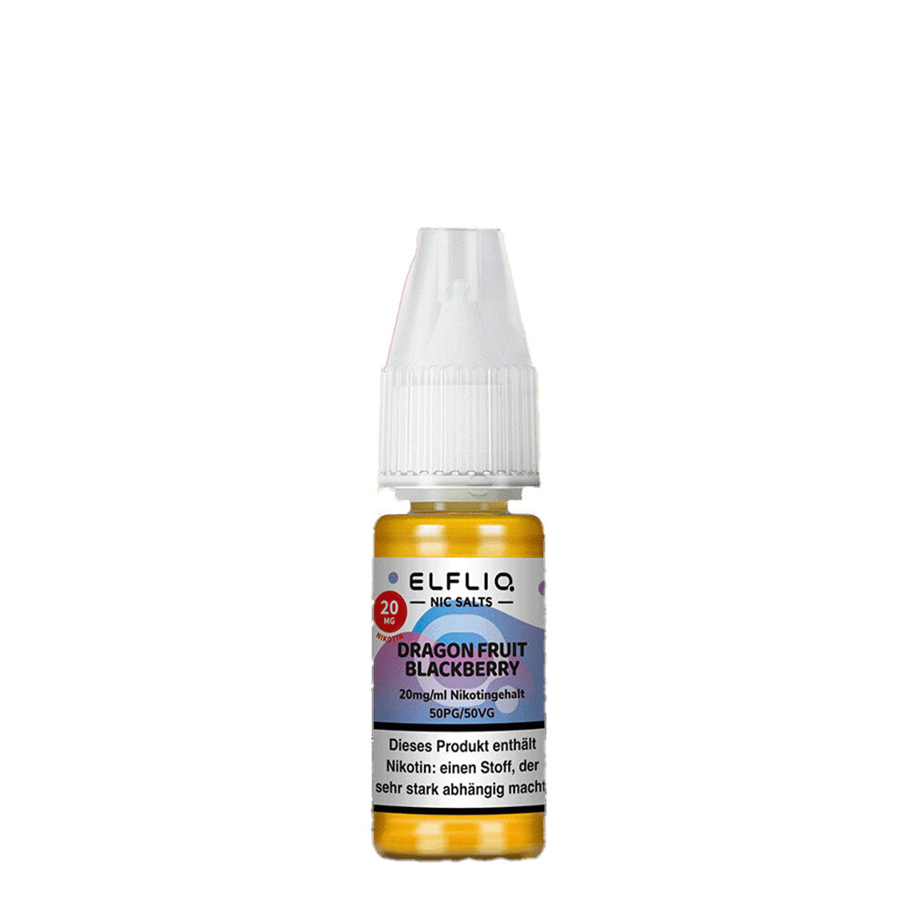 Elfliq Nikotinsalz - Dragon Fruit Blackberry Elfliq Nikotinsalz Flasche mit Dragon Fruit Blackberry 20mg, gelbe Flüssigkeit, weißer Verschluss, Warnhinweis auf der Etikette sichtbar
