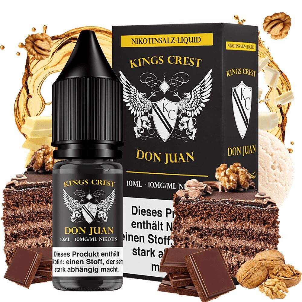 Kings Crest Nikotinsalz - Don Juan Kings Crest Nikotinsalz Don Juan Liquidflasche vor schwarzer Verpackung, umgeben von Schokoladenstücken, Walnüssen und Kuchenstück.
