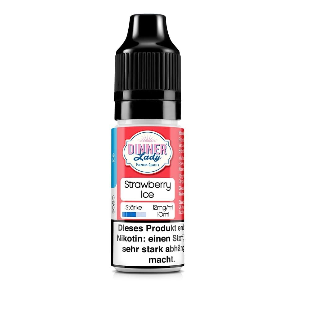 Dinner Lady Liquid Strawberry Ice 12mg Flasche mit Sicherheitsverschluss und Warnhinweis zu Nikotin, Stärke 12mg/ml, 10ml Inhalt