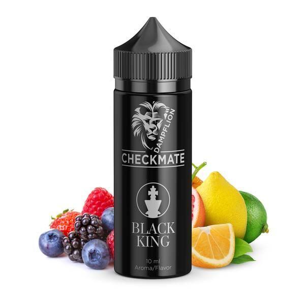 Aroma Black King von Dampflion Checkmate Dampflion Checkmate Aroma - Black King Flasche mit Früchten wie Beeren, Zitrone und Orange im Hintergrund, 10 ml Aroma/Flavor