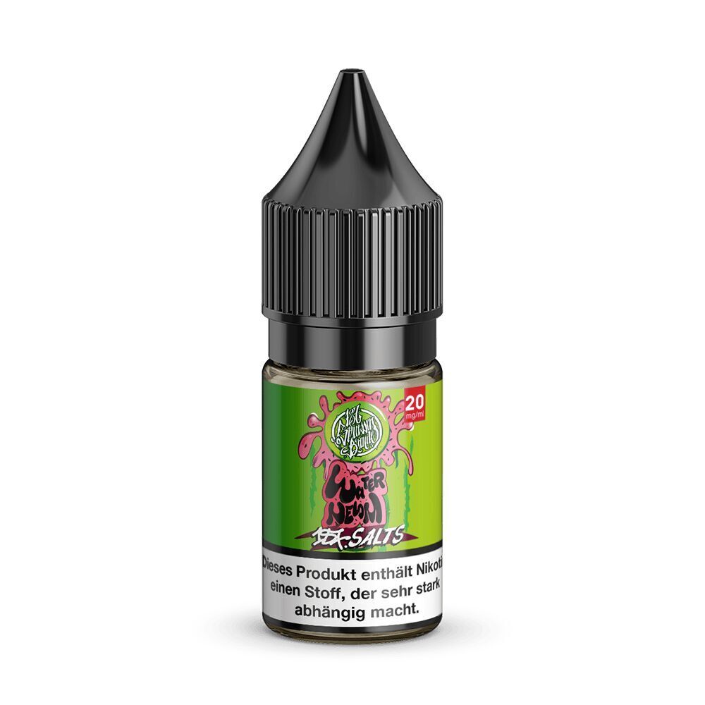187 Strassenbande Liquid - Waternelom 20mg 187 Strassenbande Liquid Waternelom in einer kleinen Flasche mit schwarzem Deckel und grün-pinkem Etikett; enthält Nikotin.