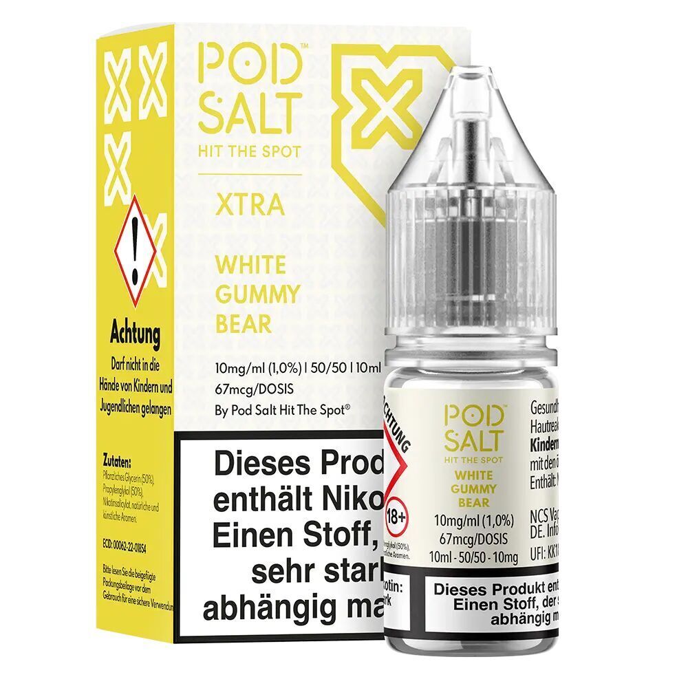 Liquid White Gummy Bear von Pod Salt Xtra Pod Salt Xtra Nikotinsalz White Gummy Bear 10mg Flüssigkeit in durchsichtiger Flasche neben gelber Verpackung mit Warnhinweisen und Inhaltstext.