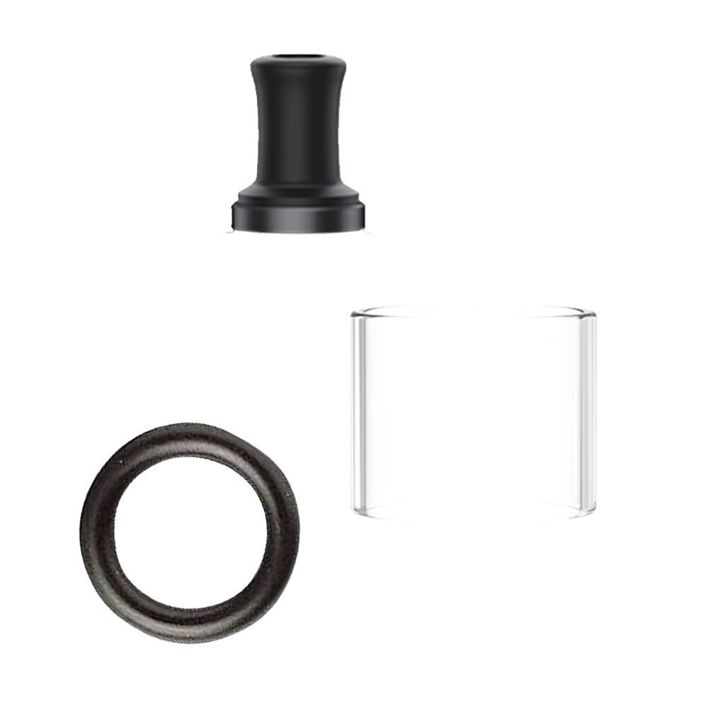 Uwell Crown Nano Ersatzteil Set bestehend aus einem schwarzen Mundstück, einem klaren Glasrohr und einem schwarzen Dichtungsring.