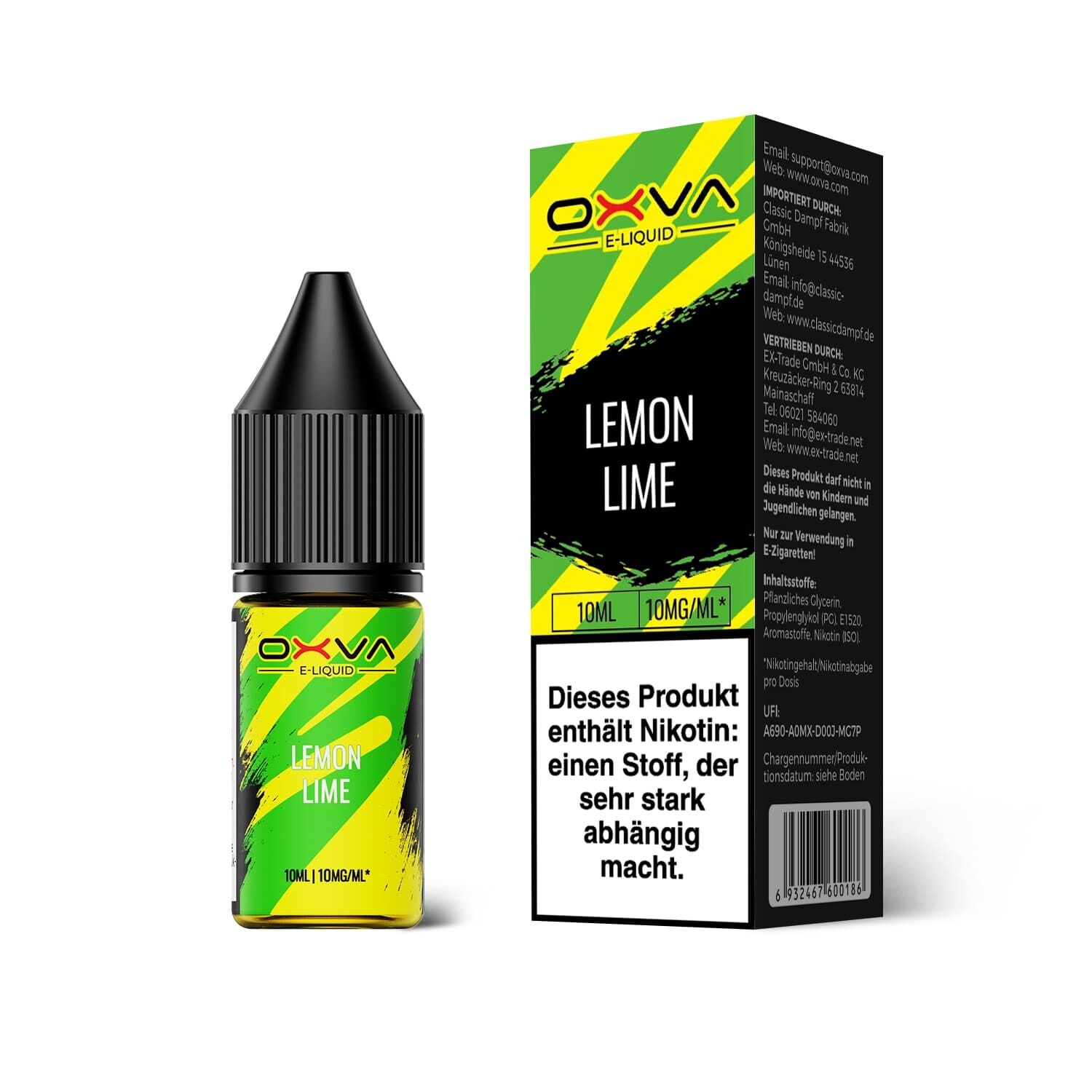 Liquid Lemon Lime mit 10mg Nikotin von Oxva Oxva E-Liquid Flasche und Verpackung mit Lemon Lime Aufdruck, enthält Nikotin, 10ml, 10mg/ml, Warnhinweis zu Nikotinsucht.