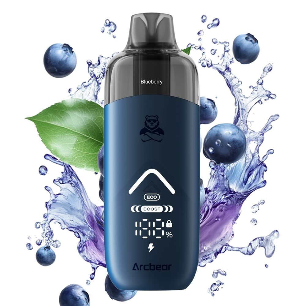 Arcbear Pro 15000 Set - Blueberry Ice 20mg Arcbear Pro 15000 Set Blueberry Ice 20mg E-Zigarette, blaues Gehäuse, digitale Anzeige mit Ladestand, umgeben von spritzenden Blaubeeren und Wasser.