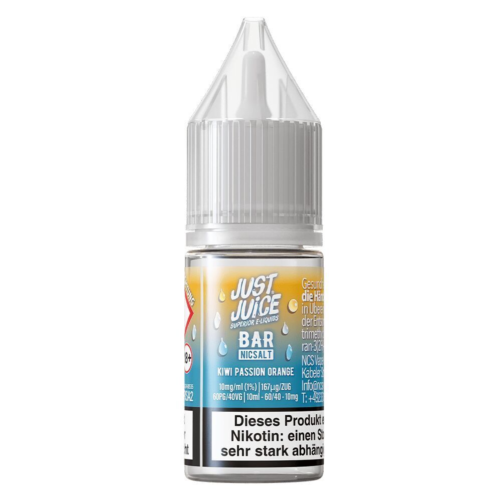Liquid Kiwi Passion Orange 10mg - Just Juice E-Liquid-Flasche Just Juice Nicsalt, Kiwi Passion Orange, mit buntem Etikett und Warnhinweis über Nikotingehalt.