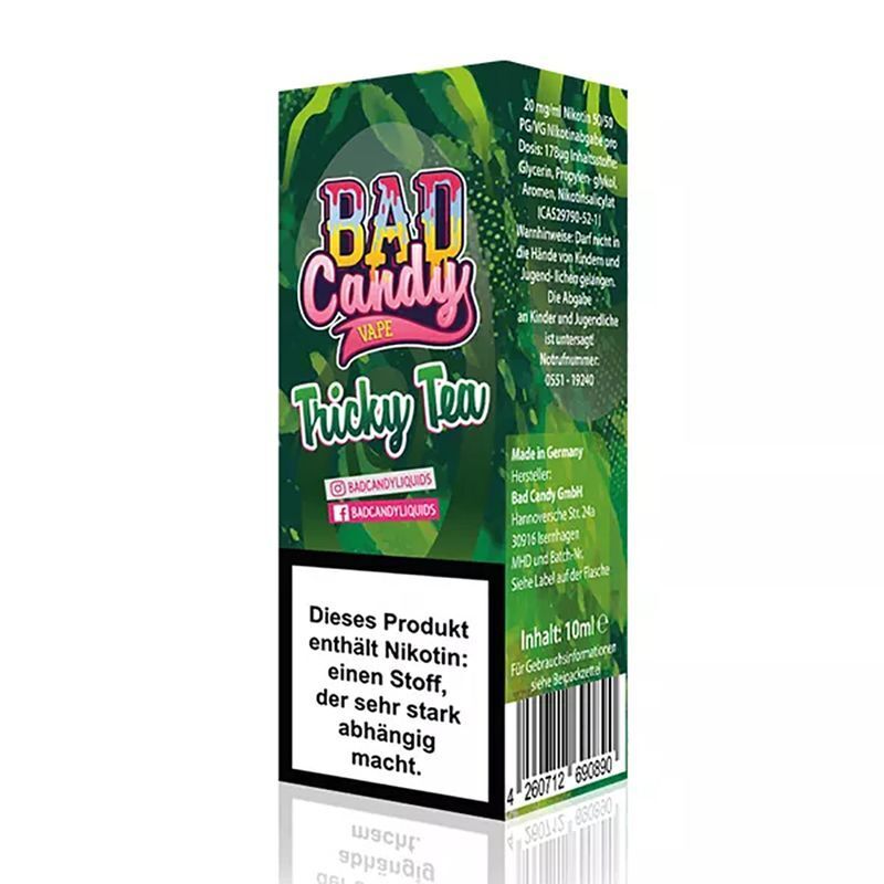 Liquid Tricky Tea mit 20mg Nikotin von Bad Candy Bad Candy Nikotinsalz Tricky Tea 20mg Verpackung mit grünem Design, Warnhinweis: Enthält Nikotin, der stark abhängig macht, 10ml Inhalt.