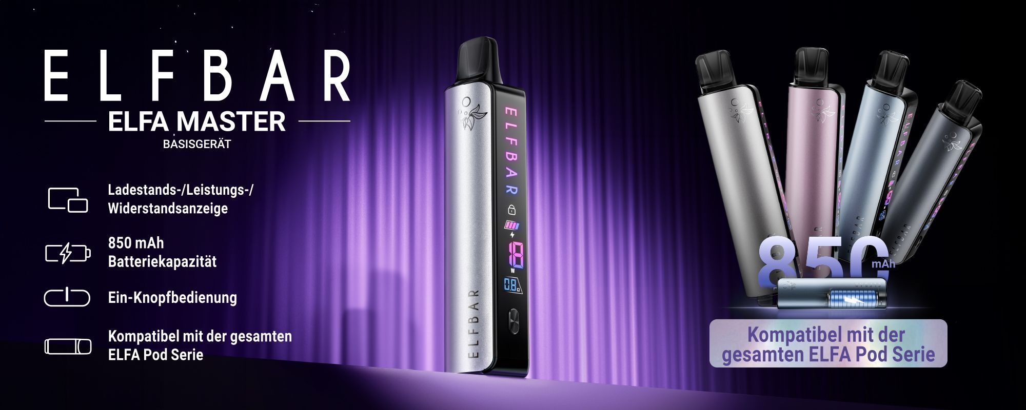 Elfbar Elfa Master Pod Kit Banner mit allen Farben und Eigenschaften Elfbar Elfa Master Pod Kit Banner mit allen Farben und Eigenschaften