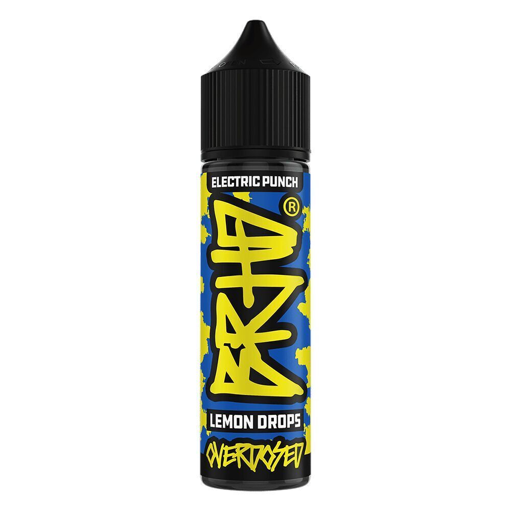 Aroma Lemon Drops von BRHD Flasche BRHD Aroma Lemon Drops mit blau-gelbem Etikett, schwarzem Verschluss, elektrisierender Schrift und Hinweis "OVERDOSED"