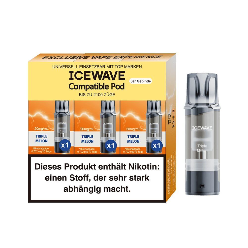 Icewave Pods - Triple Melon 20mg Icewave Pods - Triple Melon 20mg in einer dreiteiligen Verpackung, jede Pod enthält 20mg/ml Nikotin, mit Warnhinweis zu Nikotinsucht.