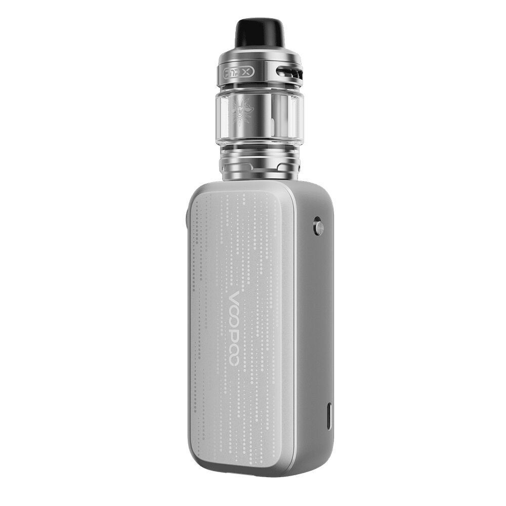 Graues Voopoo Vinci Spark 220 Box Kit in Tech Silver mit Sichtfenster und schwarzem Mundstück.