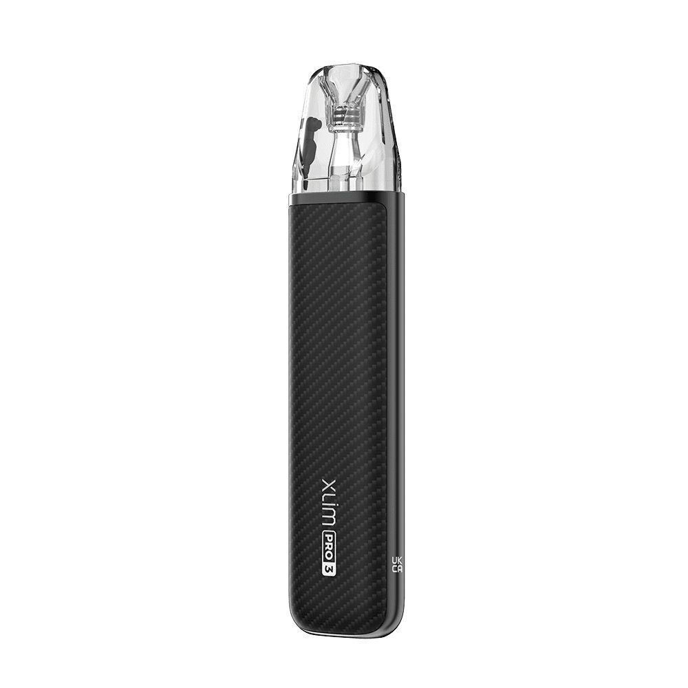 Oxva Xlim Pro 3 Pod Kit - Black Carbon Oxva Xlim Pro 3 Pod Kit in schwarzer Carbonoptik mit glänzendem Mundstück und sichtbarem Branding an der Seite