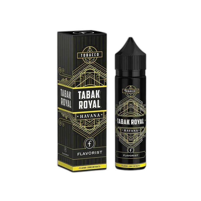 Aroma Tabak Royal Havana von Flavorist Flavorist Tabak Royal Havana Aroma mit Verpackung und Flasche, schwarzes Design mit gelbem Muster, Aufschrift "Flavorist" sichtbar