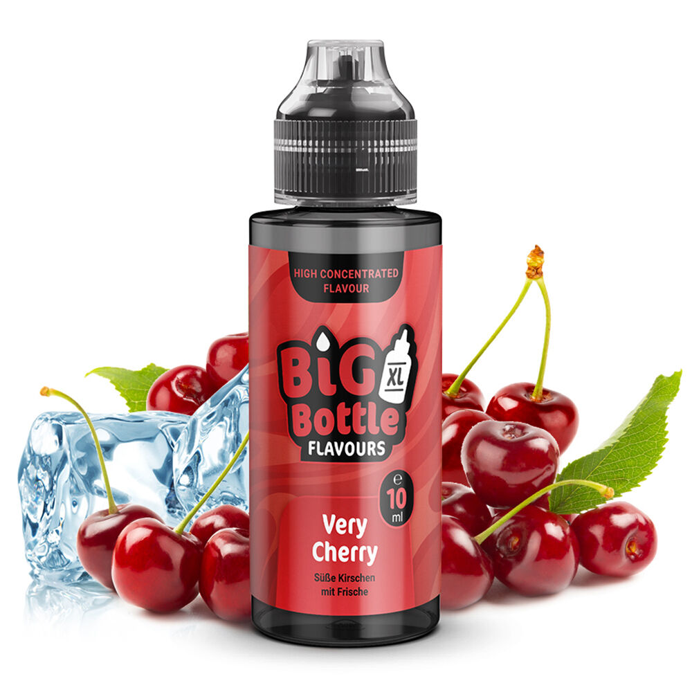 Aroma Verry Cherry von Big Bottle Flavours Vape-Aroma-Flasche "Big Bottle Flavours Very Cherry" mit roten Kirschen und Eiswürfeln im Hintergrund.
