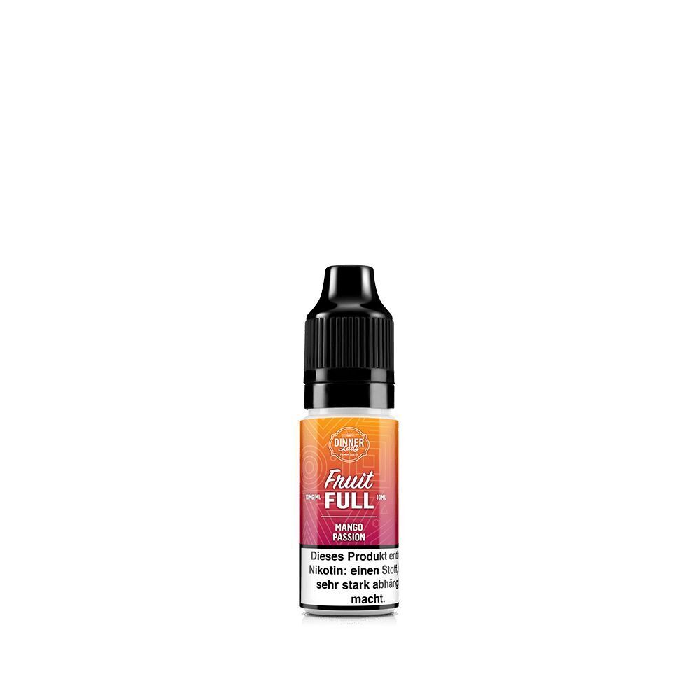 Flasche Dinner Lady Fruit Full Nikotinsalz Mango Passion 10mg mit orangefarbenem Etikett und Warnhinweis unten sichtbar
