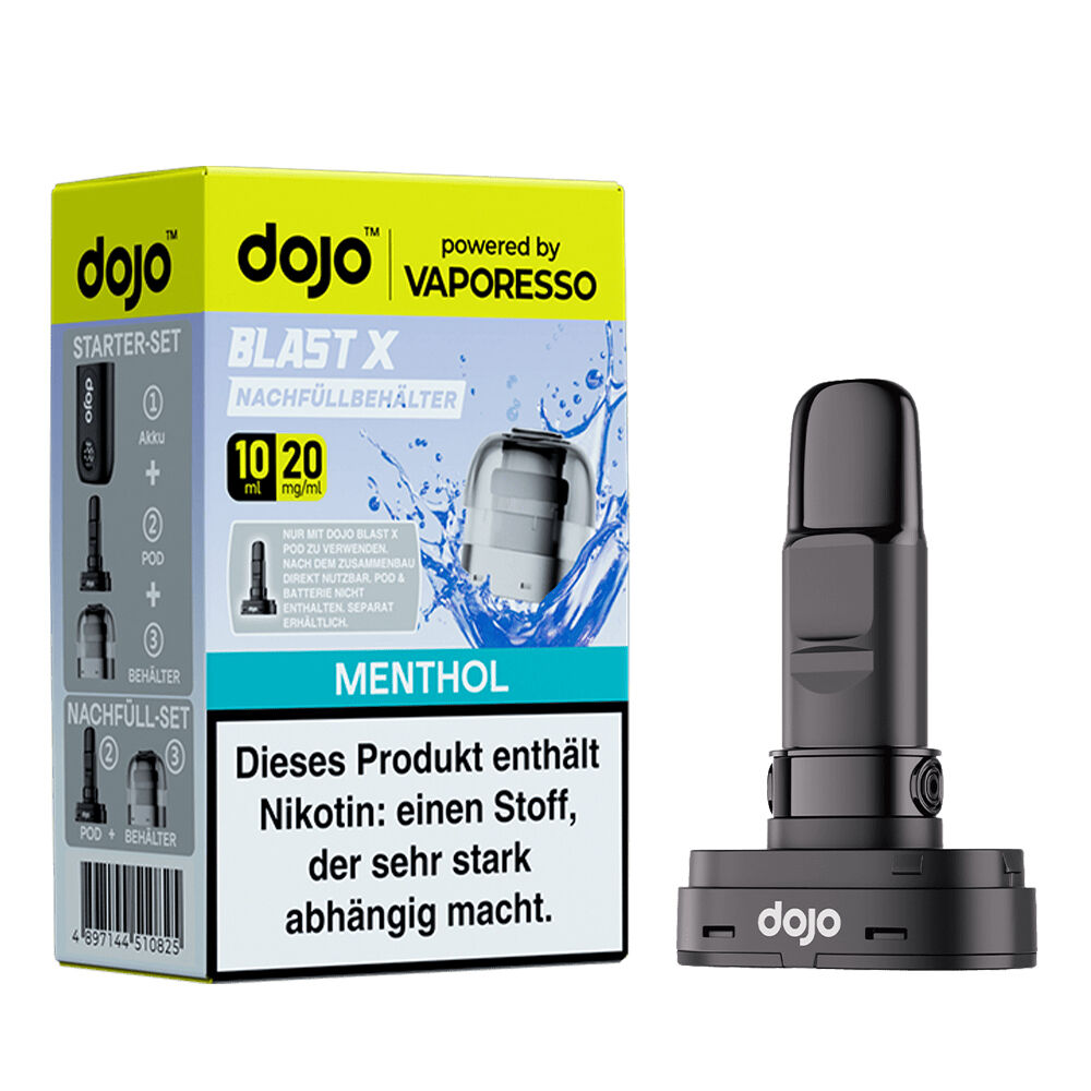 Vaporesso Dojo Blast X Pods - Menthol 20mg Vaporesso Dojo Blast X Pod-Packung neben einem Pod, Text auf der Verpackung warnt vor Nikotinsucht, Mentholgeschmack angegeben.
