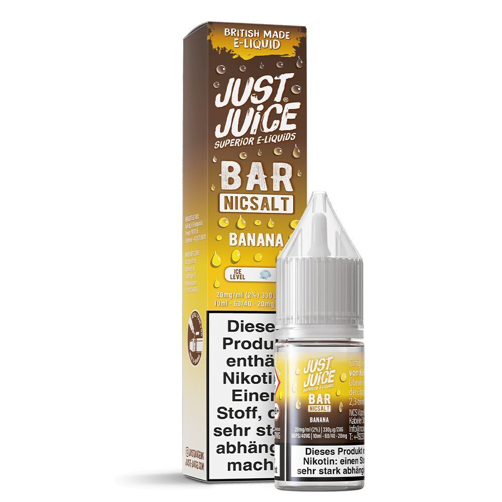 Liquid Banana 20mg - Just Juice Just Juice Nikotinsalz Banana 20mg Flasche und Verpackung mit gelben Designelementen, Hinweis auf hohe Nikotinstärke und Tropfdesign.