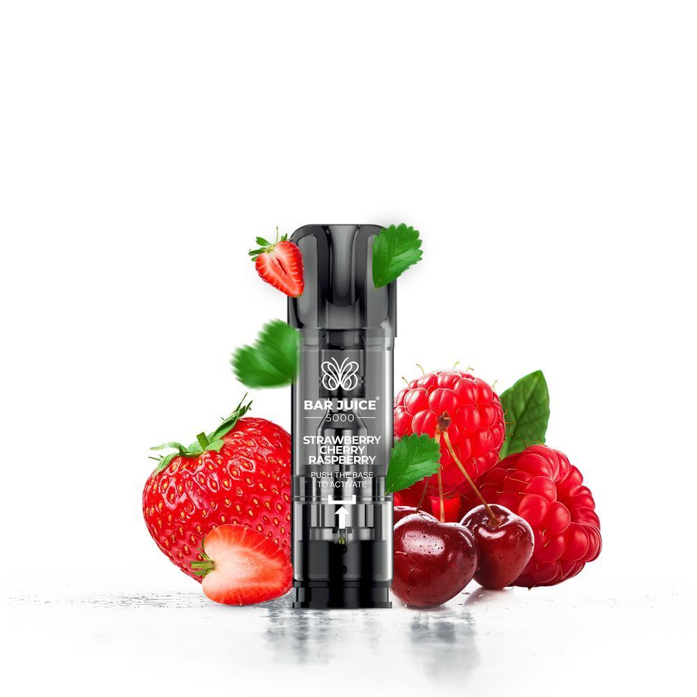 Strawberry Cherry Raspberry 20mg - Bar Juice 5000 Pods Bar Juice 5000 Pod mit Erdbeeren, Kirschen und Himbeeren dekoriert, Produktbeschriftung "Strawberry Cherry Raspberry" sichtbar