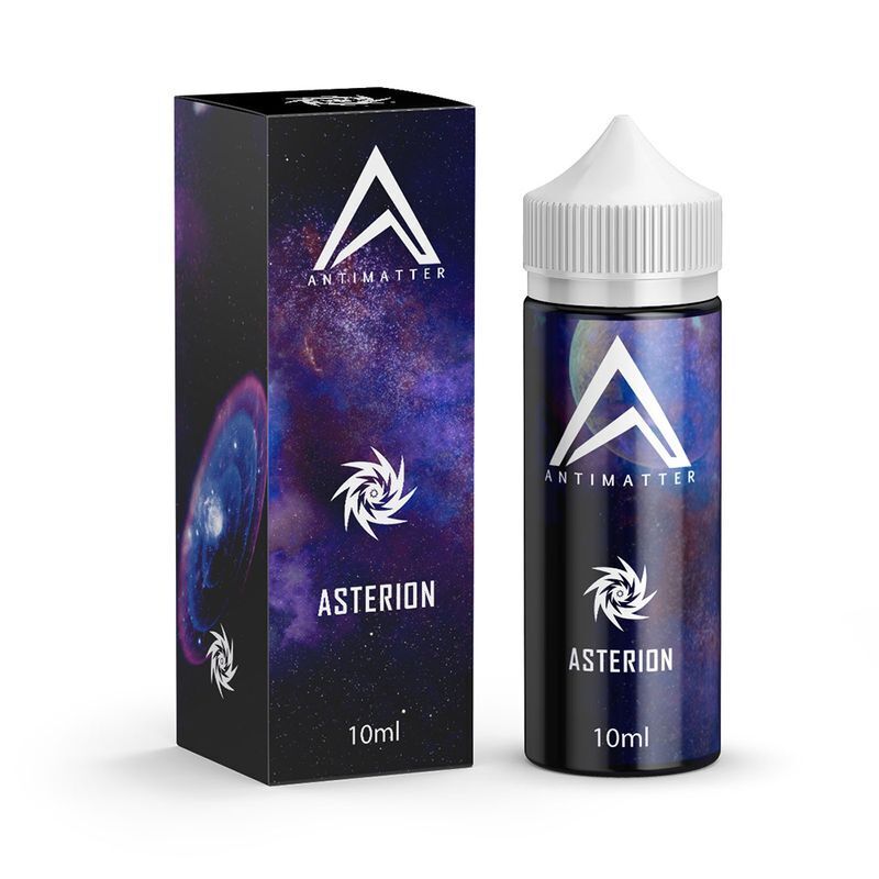 Aroma Asterion von Antimatter Flasche und Verpackung von Antimatter Aroma Asterion mit weltraumartigem Design, 10ml, weißes Logo und Text.