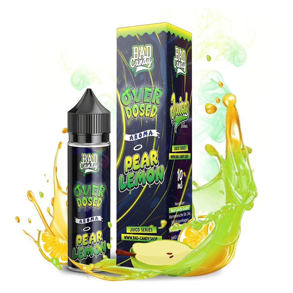 Aroma Pear Lemon - Bad Candy Overdosed Bad Candy Aroma Pear Lemon Overdosed mit Spritzer aus gelber Flüssigkeit, dunkle Flasche und Karton mit leuchtendem Design, 10 ml
