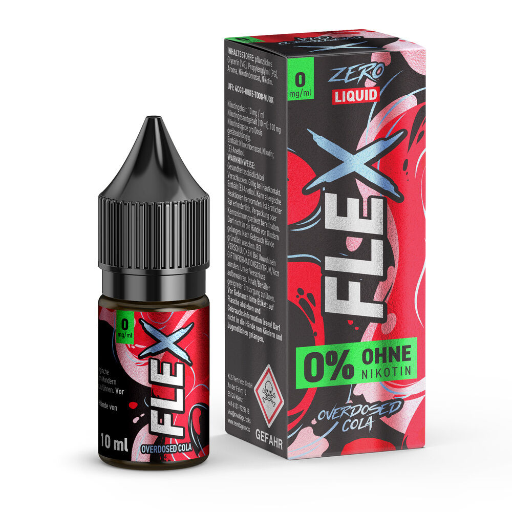 Revoltage Flex Nikotinsalz - Cola Revoltage Flex Liquid Cola 0mg, schwarze Flasche mit rotem Etikett und passender Verpackung, Aufschrift 0% ohne Nikotin, 10 ml.